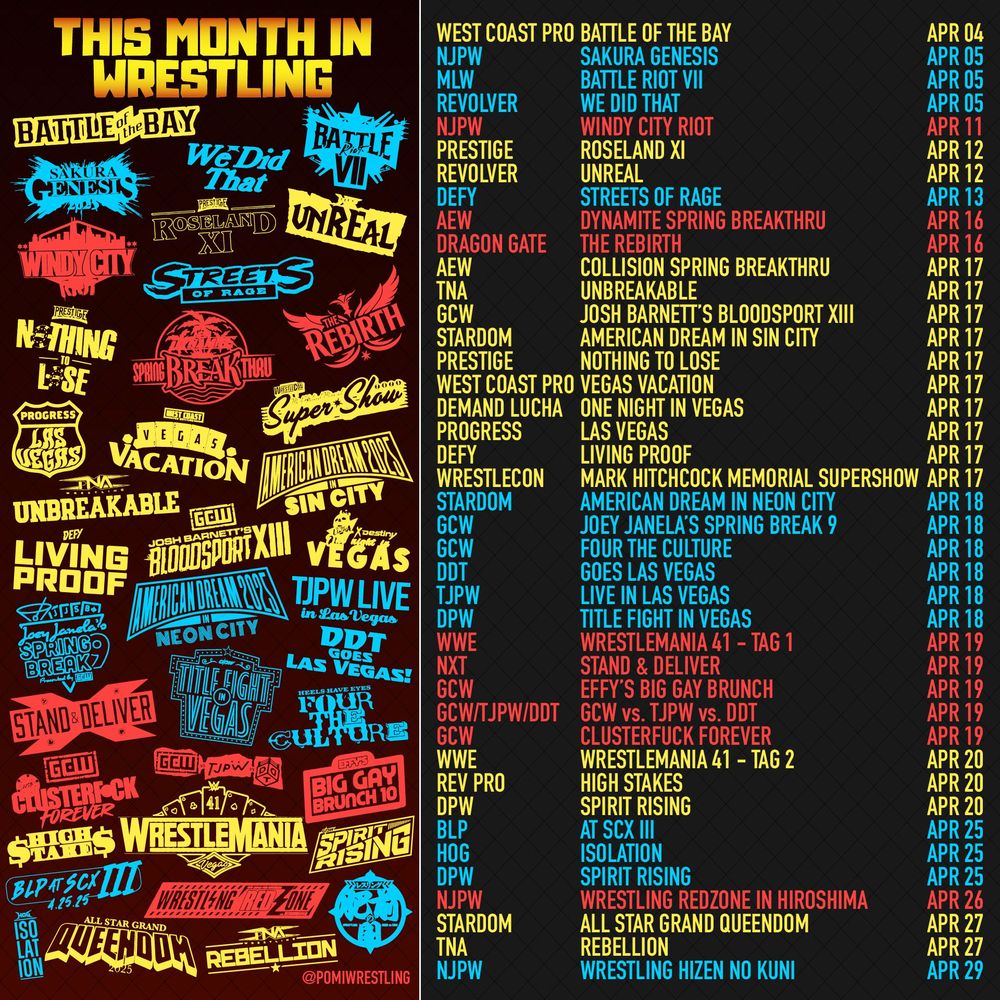 THIS MONTH IN WRESTLING
April 04
☑️WEST COAST PRO Battle of the Bay
April 05
☑️NJPW Sakura Genesis
☑️MLW Battle Riot VII
☑️REVOLVER We Did That
April 11
☑️NJPW Windy City Riot
April 12
☑️PRESTIGE Roseland XI
☑️REVOLVER Unreal
April 13
☑️DEFY Streets of Rage
April 16
☑️AEW Dynamite Spring Breakthru
☑️DRAGON GATE The Rebirth
April 17
☑️AEW Collision Spring Breakthru
☑️TNA Unbreakable
☑️GCW Josh Barnett’s Bloodsport XIII
☑️STARDOM American Dream in Neon City
☑️PRESTIGE Nothing to Lose
☑️WEST COAST PRO Vegas Vacation
☑️DEMAND LUCHA One Night in Vegas
☑️PROGRESS Las Vegas
☑️DEFY Living Proof
☑️WRESTLECON Mark Hitchcock Memorial Supershow
April 18
☑️STARDOM American Dream in Sin City
☑️GCW Joey Janela’s Spring Break 9
☑️GCW Four the Culture
☑️DDT Goes Las Vegas
☑️TJPW Live in Las Vegas
☑️DPW Title Fight in Vegas
April 19
☑️WWE WrestleMania 41 - Tag 1
☑️NXT Stand & Deliver
☑️GCW EFFY’s Big Gay Brunch
☑️GCW/TJPW/DDT GCW vs TJPW vs DDT
☑️GCW Clusterf*ck Forever
April 20
☑️WWE WrestleMania 41 - Tag 2
☑️REV PRO High Stakes
☑️DPW Spirit Rising - Tag 1
April 25
☑️BLP At SCX II
☑️HOG Isolation
☑️DPW Spirit Rising - Tag 2
April 26
☑️NJPW Wrestling RedZone in Hiroshima
April 27
☑️STARDOM All Star Grand Queendom
☑️TNA Rebellion
April 29
☑️NJPW Wrestling Hizne No Kuni
#NJSG #BattleRiot #REVOLVERThat #NJRiot #PRESTIGERoseland #REVOLVERUnreal #TNAUnbreakable #JBBSXIII #NothingToLose #WrestleCon #JJSB9 #DDTLasVegas #TJPWUSA #WrestleMania #StandAndDeliver #EFFYBGBX #TNARebellion #WrestleSky