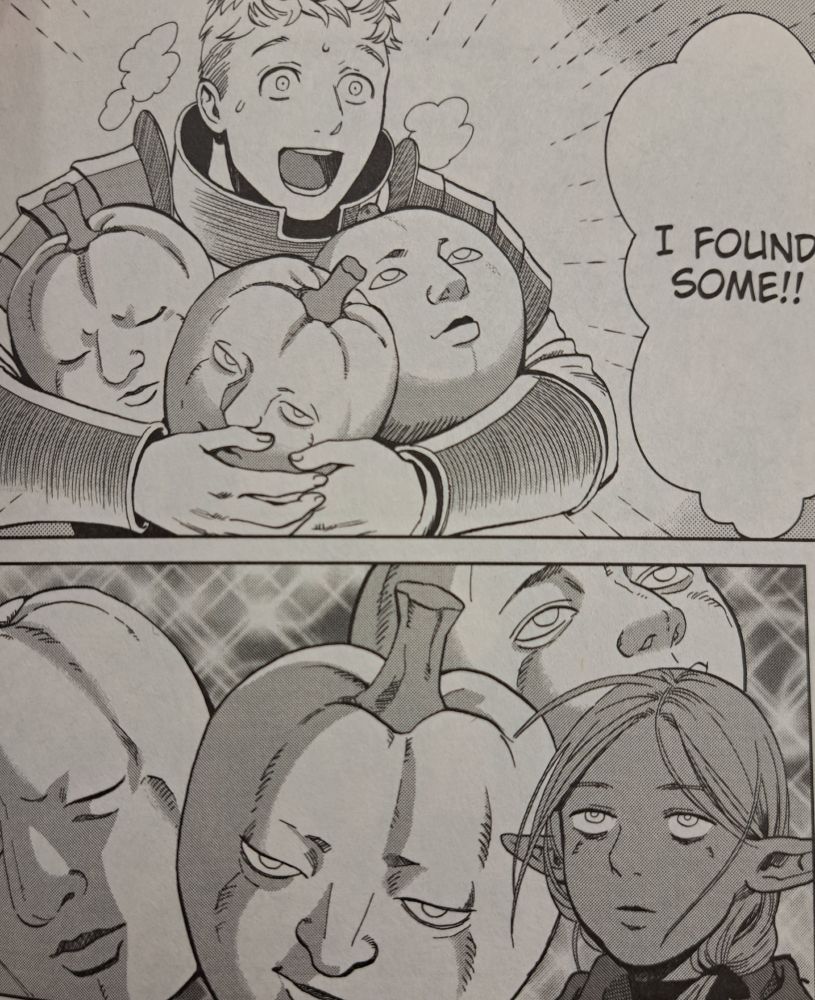Delicious in Dungeon sceen of tall-man male Laios m, short hair, metal armour to neck, holding pumpkin-like gourds with a face on each. The next panel is a close up of the gourds with faces and an exhausted looking Marcille, elf(?) female. 