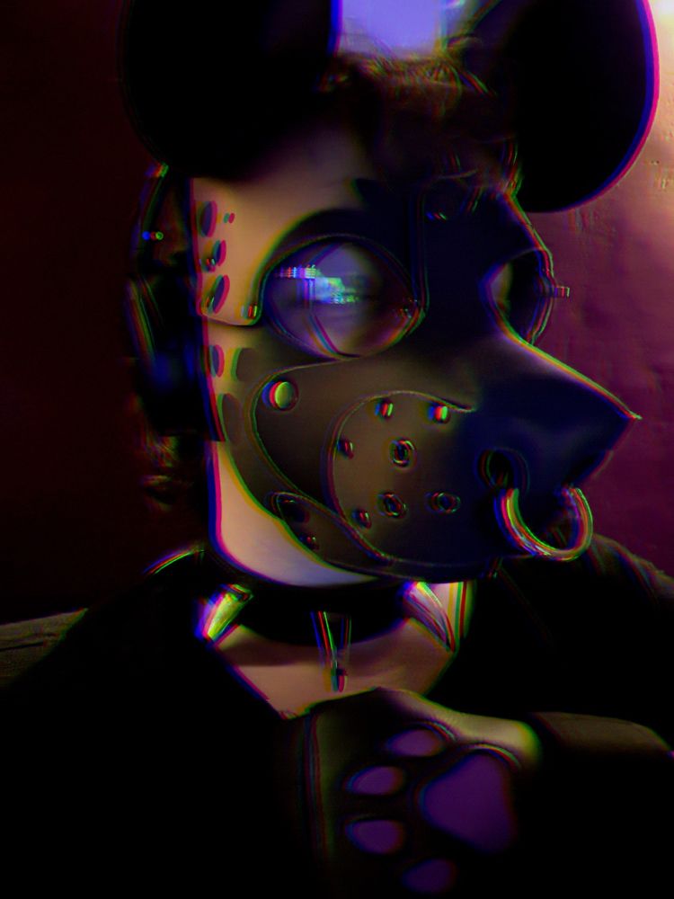 A hyena pup hooded person wearing a spiky collar, headphones, pup mitts, and a black shirt. 