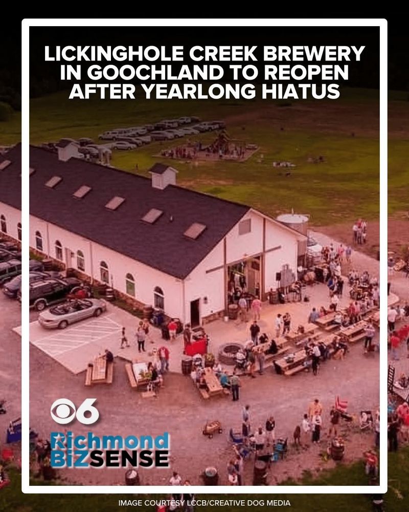 an image of a large building with tables outside with a headline above it saying, "lickinghole creek brewery in goochland to reopen after yearlong hiatus"