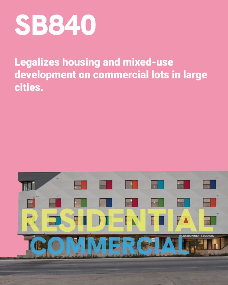 SB 840

Legalizes housing and mixed-use development on commercial lots in large cities