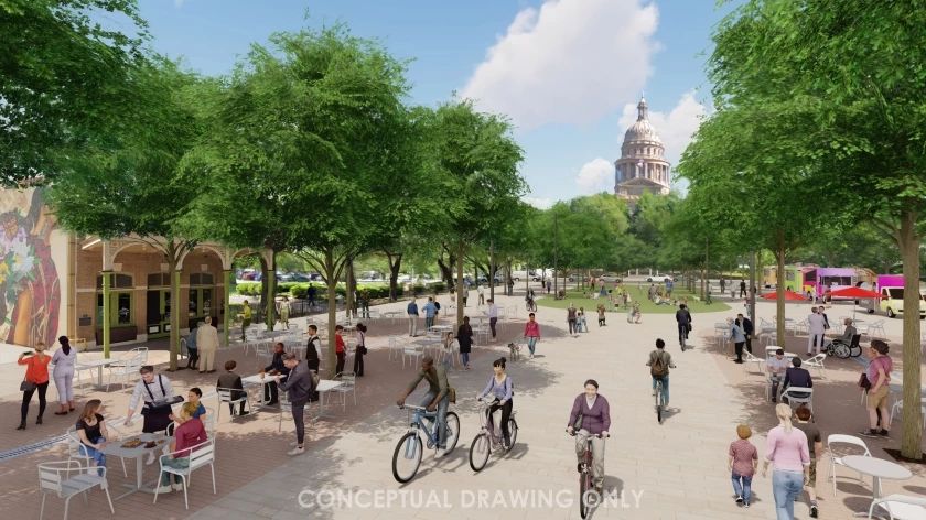 Conceptual drawing of the Congress Avenue Urban Design Initiative showcasing a vibrant pedestrian-friendly street with people walking, biking, and socializing, and the Texas State Capitol visible in the background.