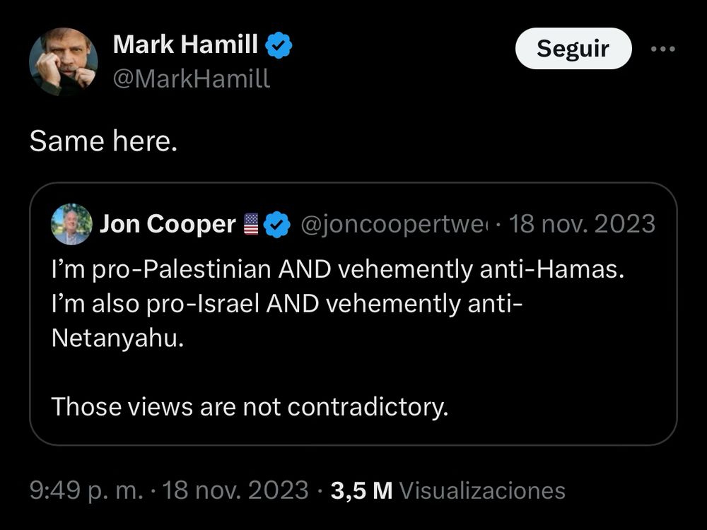 Mar Hamill, posting nov,23 his support for Palestina and Israel