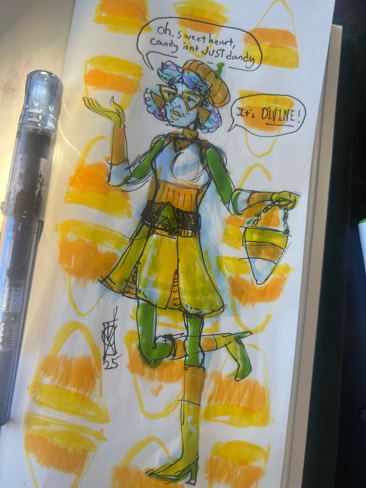 Mod candy corn girl. Shes saying “oh sweetheart, candy isn’t just dandy…it’s divine” 