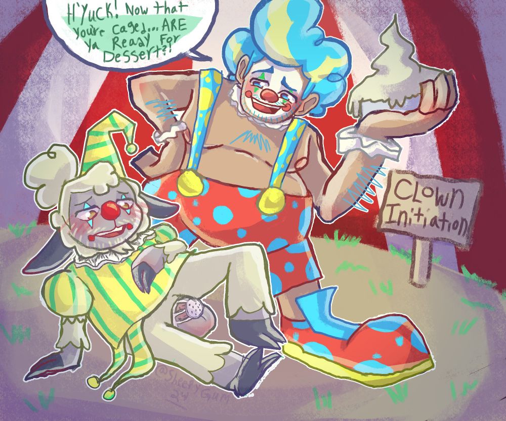 Lil sheep forced to dress as a clown and put in chastity.... Hes about to get pied