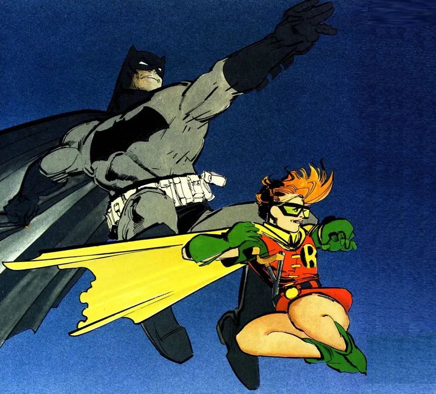 batman and robin  leaping through the sky from Frank Miller's The Dark Knight, colors by Lynn Varley