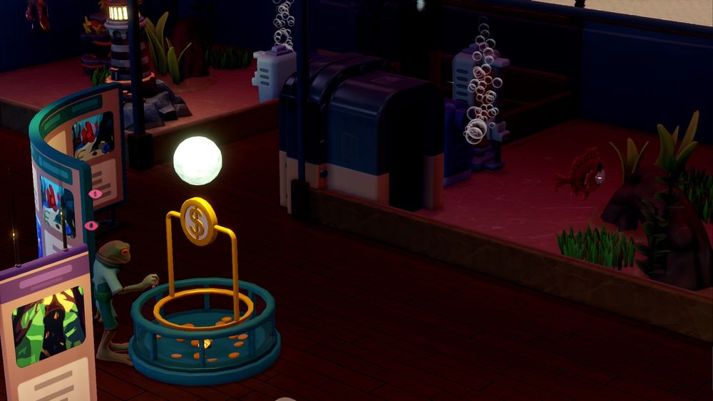 A screenshot from Two Point Museum. Tanks with an ominous red shade, and a toothy version of the earlier perch. A frog man is dropping coins into a donation bin. 