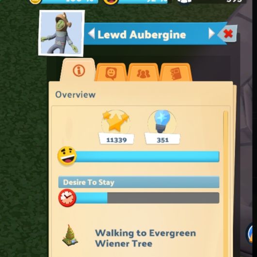 A goblin named "Lewd Aubergine" is "Walking to Evergreen Wiener Tree" 