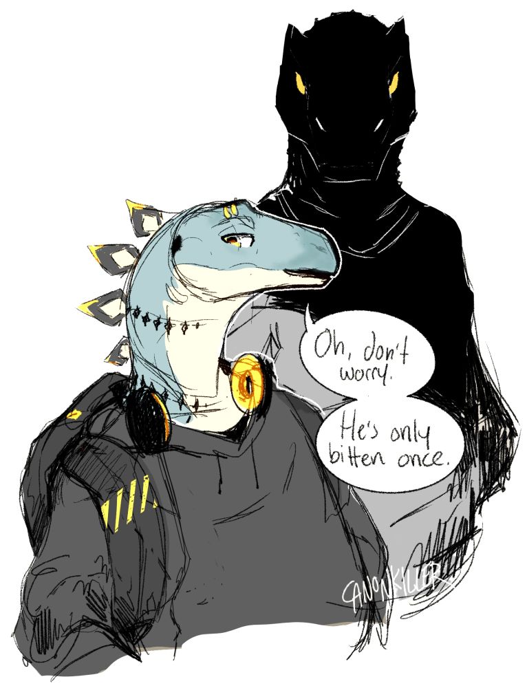 A blue, short anthropomorphic stegosaurus in dark clothing standing in front of a taller, looming anthropomorphic allosaurus character whose face is in shadow. The stegosaurus a neck scar drawn as a chain of black diamonds and is saying "Oh, don't worry, he's only bitten once."