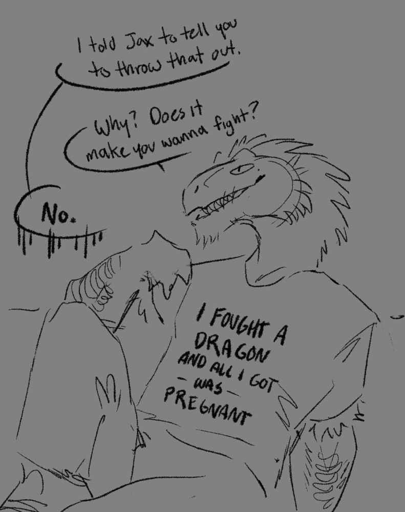 A doodle of an anthro saurian phoenix character teasing an offscreen dragon character.