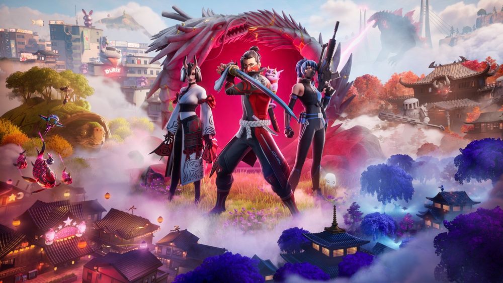 The splash art for Chapter 6 Season 1 of Fortnite; Hunters, depicting three characfters standing in front of a bright red portal surrounded by misty Japanese locales below them, and cities behind them with Godzilla looming in the mist