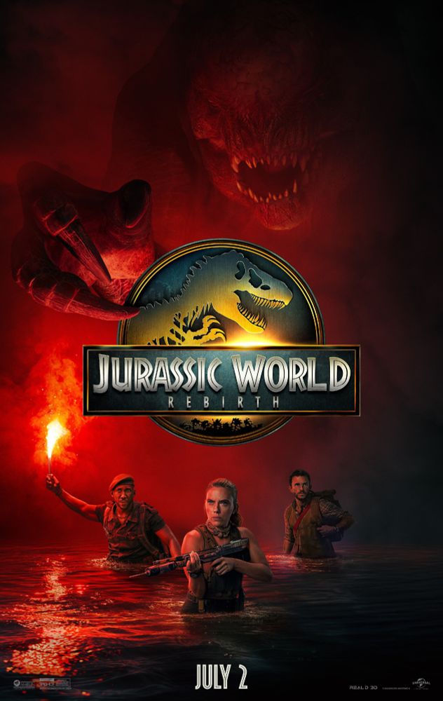 The main poster for Jurassic World Rebirth, depicting three mercenaries in shallow water, one holding a rifle, another holding a flare, and another a backpack, behind them in the background, lit by the flare is a looming D-rex reaching out towards them