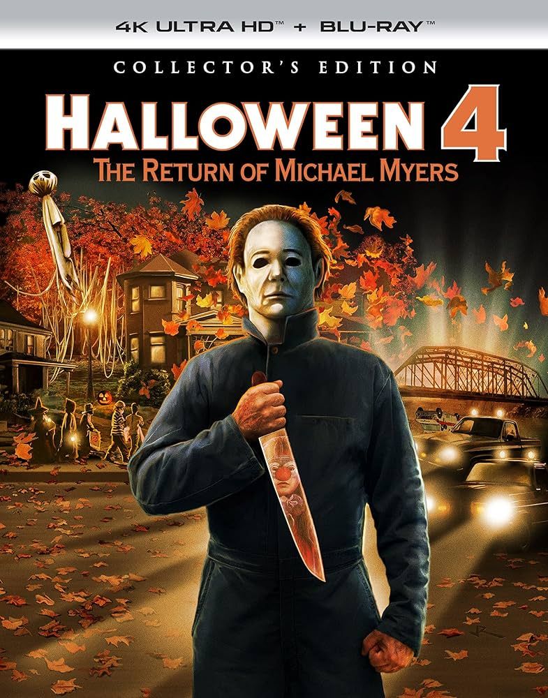 The Shout Factory cover of Halloween 4: The Return of MIchael Myers, depicting Michael  in front of an autumnal background, with decorations, lit houses, a bride, numerous cars, and trick or treters behind him
In the reflection  of the knife is Jamie Lloyd in her Halloween costume