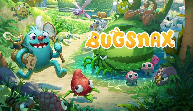 The cover for Bugsnax, depicting a light blue muppet-like creature carrying a variety of tools as they try to catch a number of colorful bug-food animals surrounding them, in the background is a gray muppet holding up a camera