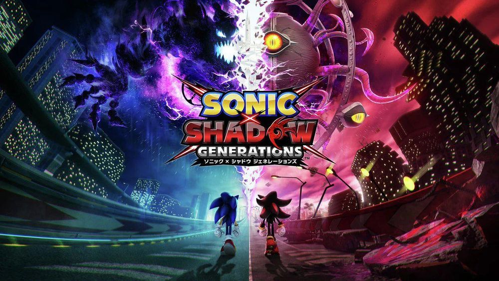 The cover of Sonic & Shadow Generations, depicting the two hedgehos walking side by side down two different cities, one blue, and one red, above them are a demonic blue creature, and a dark red moon with tentacles
