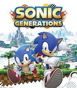The cover for the original release of Sonic generations, with the classic Sonic and Modern  Sonic together racing towards the viewer with a whitened Green Hills Zone behind them