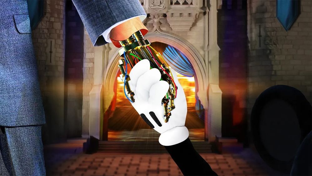 The Thumbnail for the latest Defunctland, showing an animatronic hand attached to Walt Disney reaching out and holding the hand of Mickey Mouse