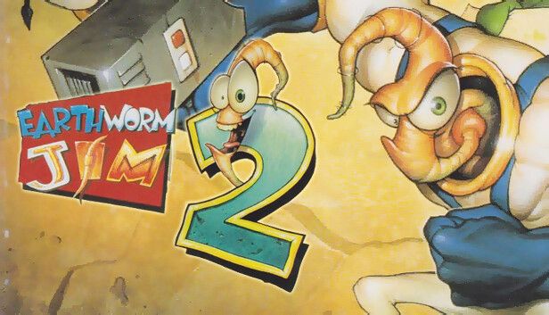 The cover for Earthworm Jim 2, showing  a serious worm in a suit wielding  a gun