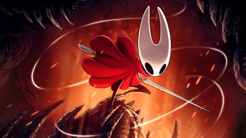 Promotional art for Hollow Knight: Silksong, showing a red cloaked bug wielding a needle as thread weaves around her