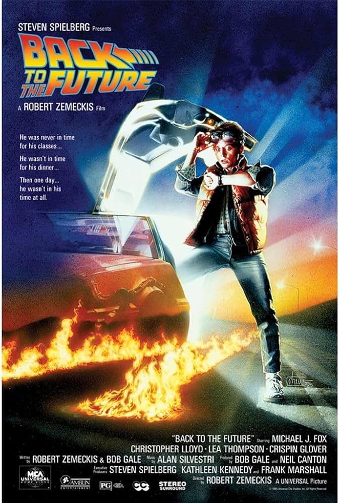The iconic poster ofr Back to the Future Part 1, depicting a vested man with sunglasses looking at his watch in disbelief as he stands in front of an open DeLorean