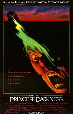 The poster for Prince of Darkness, depicting a screaming man being overtaken by a green slime emuinating from a church