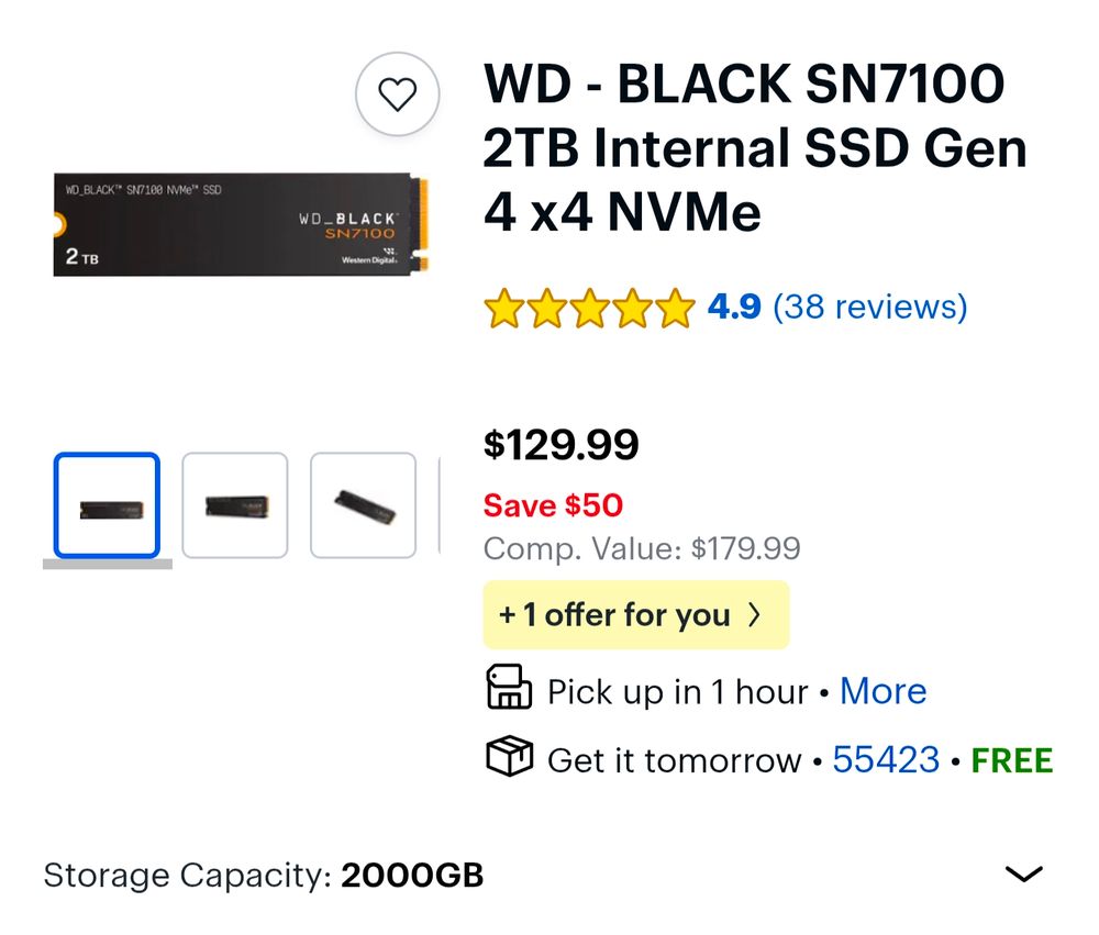 Screenshot of a FAST 2TB PCIE NVME SSD listed for $130