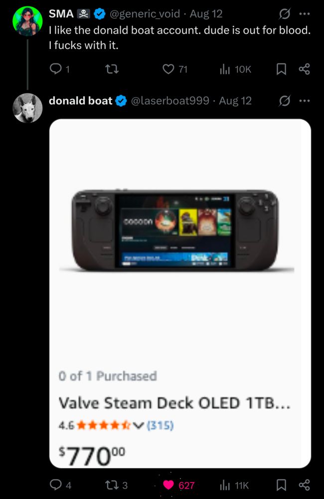 screenshot of donald boat wanting someone to buy him an OLED 1TB Steam Deck