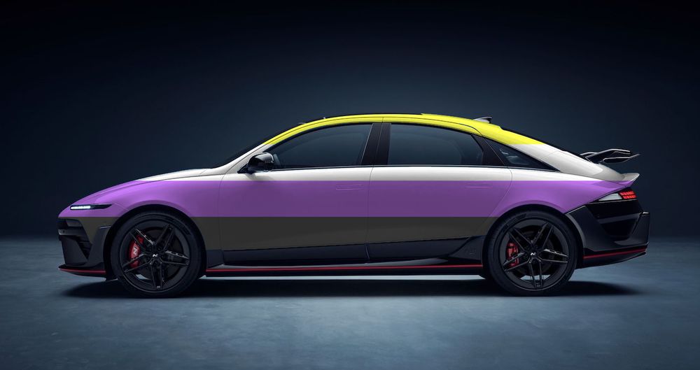 composite of a Hyundai IONIQ 6N with a nonbinary flag livery
