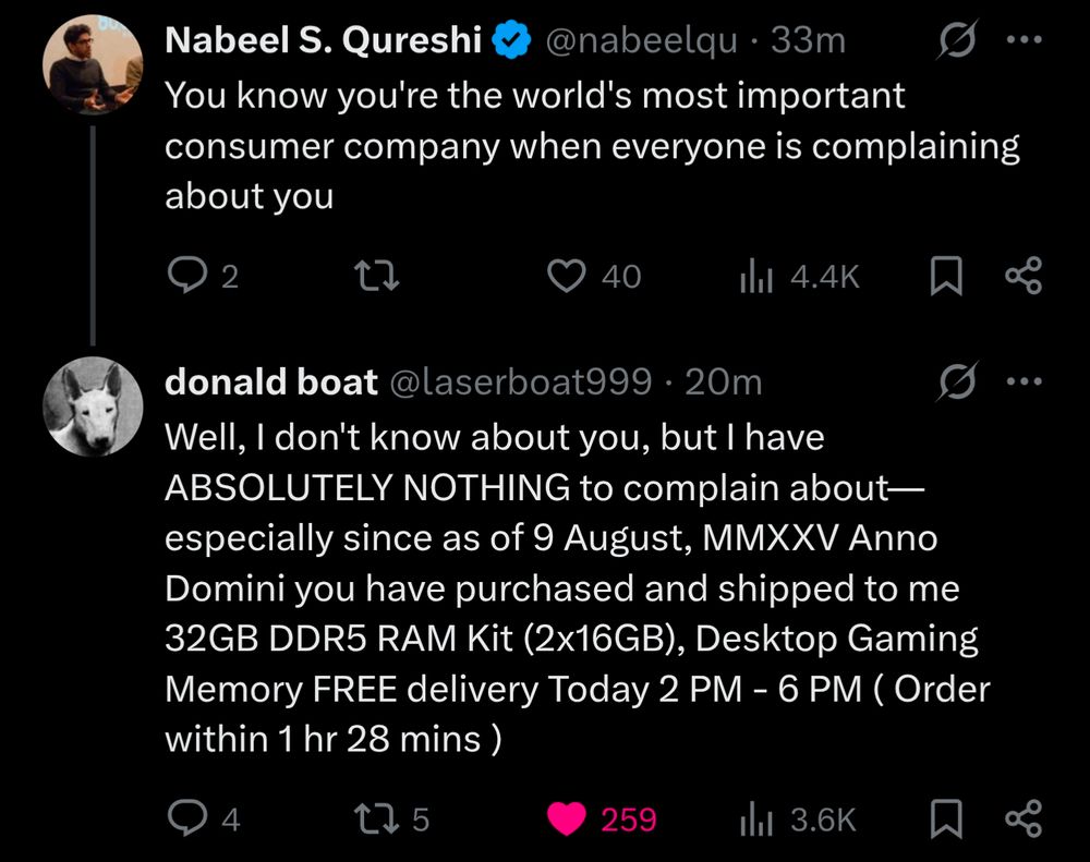 Screenshot of a donald boat tweet replying to a techbro asking him to buy him 32GB of ram