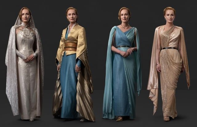 composite showing four of Mon Mothma's outfits from Andor 