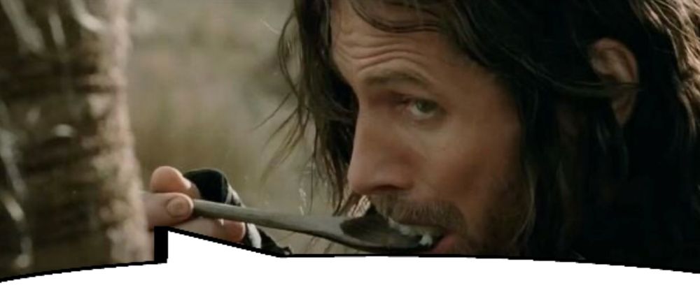 Aragorn eating bad stew with a speech bubble