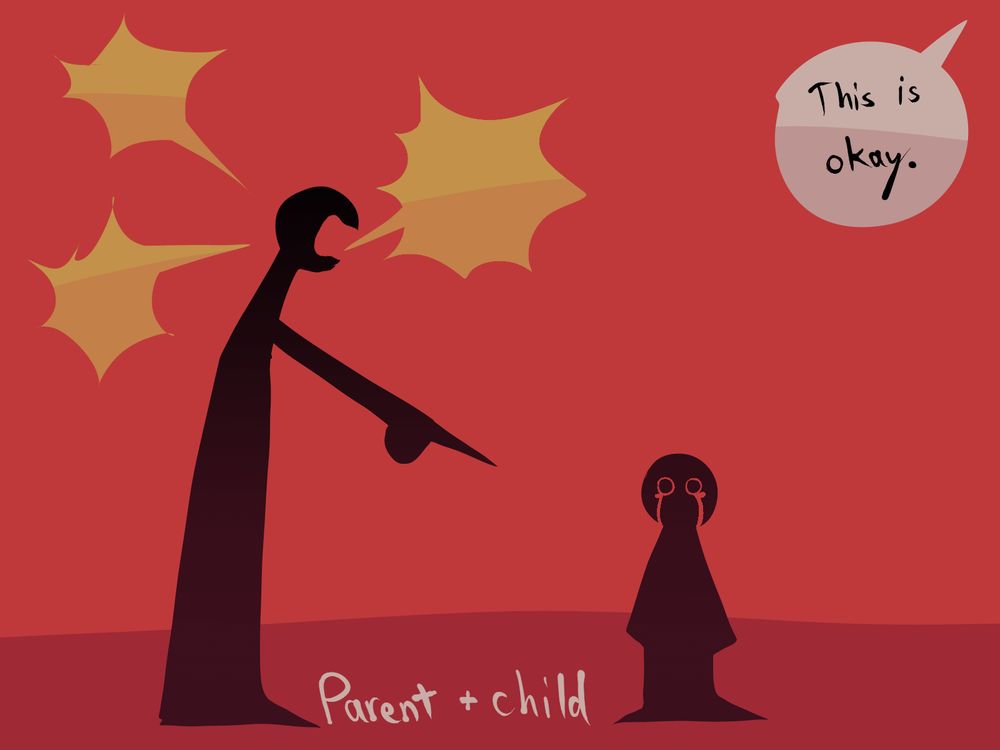 Two silhouettes of people, one adult and one child, in a red room, with the adult screaming at the child. The screaming is shown through empty, yellow speech bubbles. The child is standing there and crying as the adult points accusingly at them. There is a white speech bubble at the top right corner stating “this is okay.” There is a label on the bottom of the page stating “parent and child.”