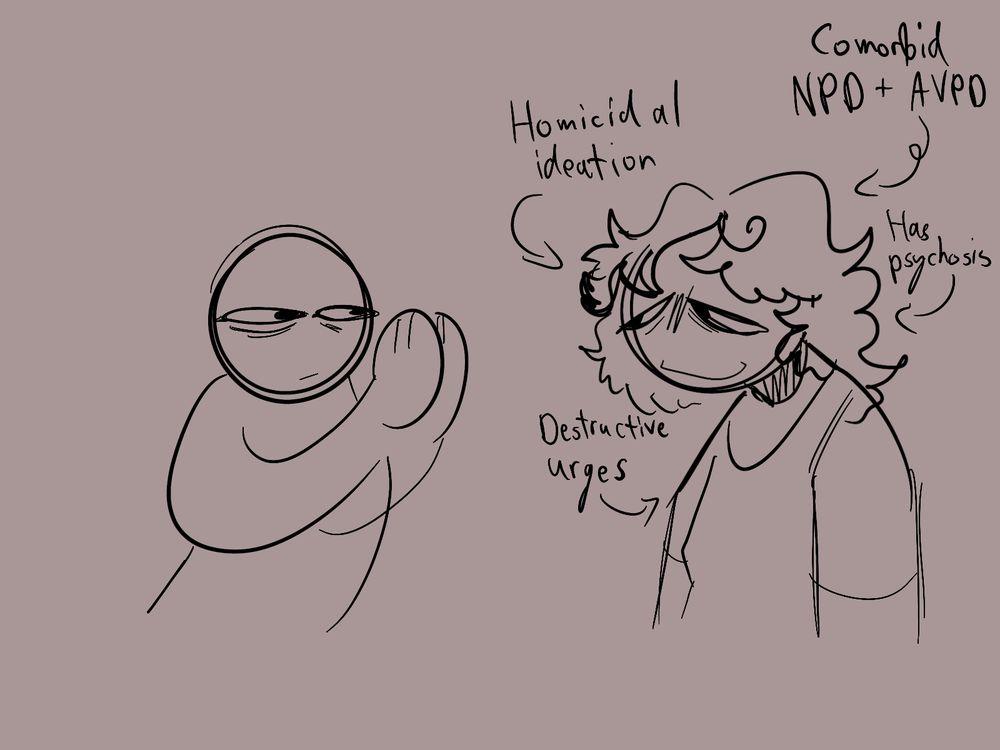 Two people looking at each other, with several phrases pointing at the second one. The phrases read: “Homicidal ideation”, “comorbid NPD + AVPD”, “has psychosis”, and “destructive urges”.