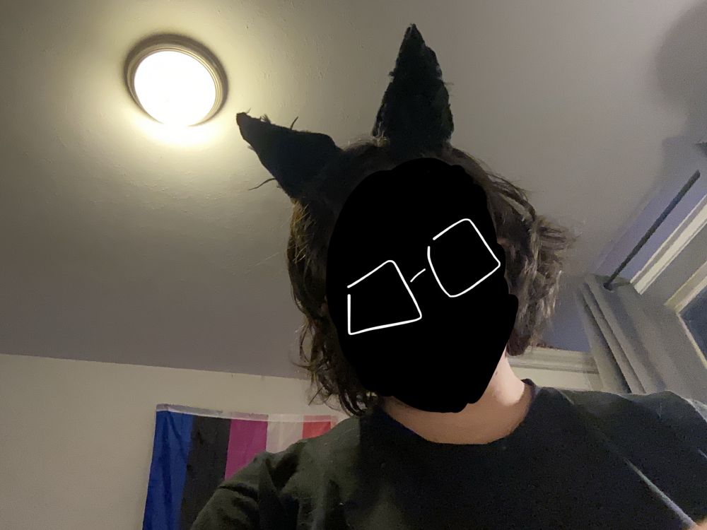 A light-skinned person with messy, above shoulder length brown hair looking into the camera. Their face is blacked out, and they wear a handmade pair of dog ears.