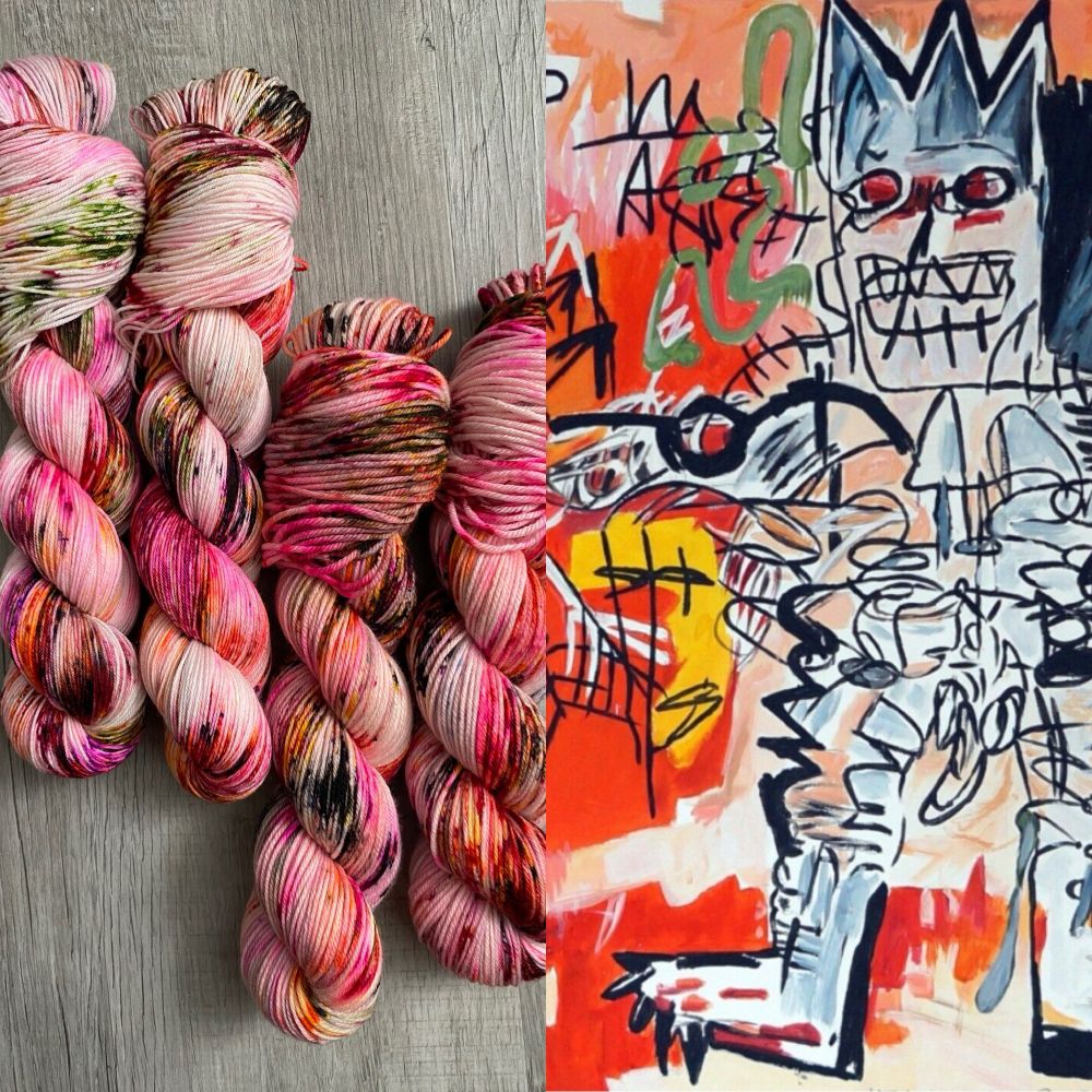 A split photo showing four skeins of wound speckle red and pink yarn in the left, and a section of Basquiat’s painting, Untitled 