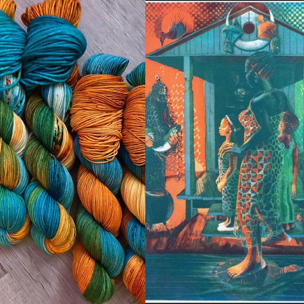 A split photo of four skeins of yarn and John Biggers painting “The Return”