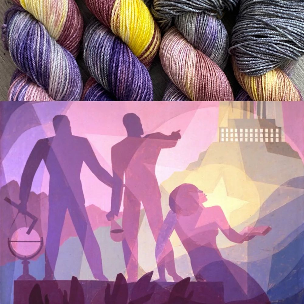 An image of Aaron Douglas’s painting “Aspiration” am showing purple silhouettes of Black people looking towards a glowing yellow North Star
