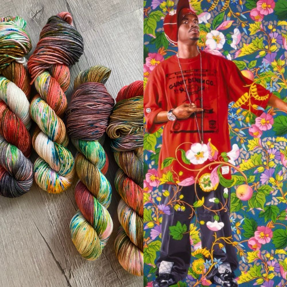 A split picture of four skeins of multicolored yarn next to a colorful Kehinde Whiley painting entitled “portrait of a Venetian Ambassador” showing a young Black man standing as vines and fruit trees encircle him. 