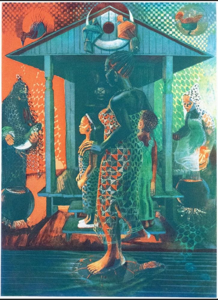 An image of John Biggers painting, “The Return” showing stylized women and children standing near a shotgun house in teal and orange