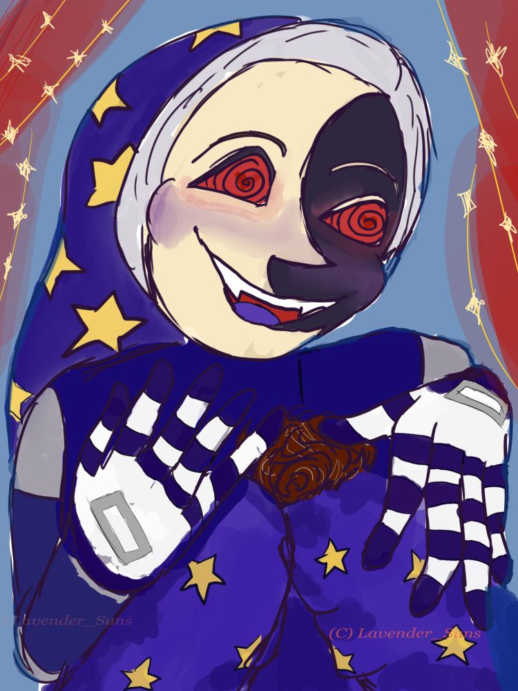 Moon, the Daycare Attendant has a self insert in his lap. The view is very close, with Moon's grinning face, teeth showing and a blue tongue peeking. Moon's red eyes are in spirals, and if you look closely enough, there are hearts in there behind the spirals. 

Moon's arms are placed in such a manner that someone on his lap would be kept in place by them, his blue and white hands open and left thumb pressed down on the top of self insert head, and same with the right pinky finger tip. Moon's face is colored with a deep grey, and lit with a crescent in an almost eggshell coloration. 

Red sheer curtains with yellow wires and stars in the background.