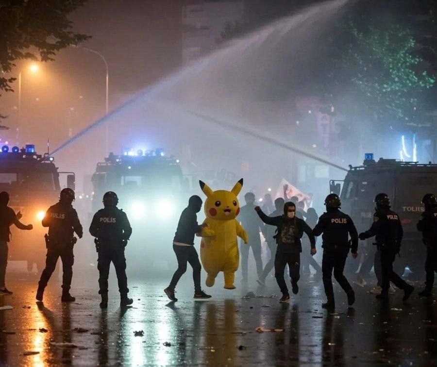 photo of a mascot pikachu confronting the police in turkey 