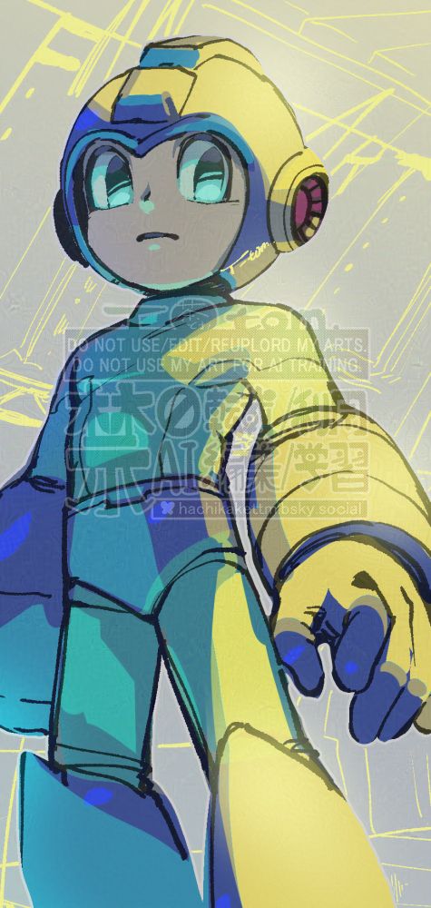 黄色い逆光を浴びて視線だけ後方に向けるロックマンのイラスト