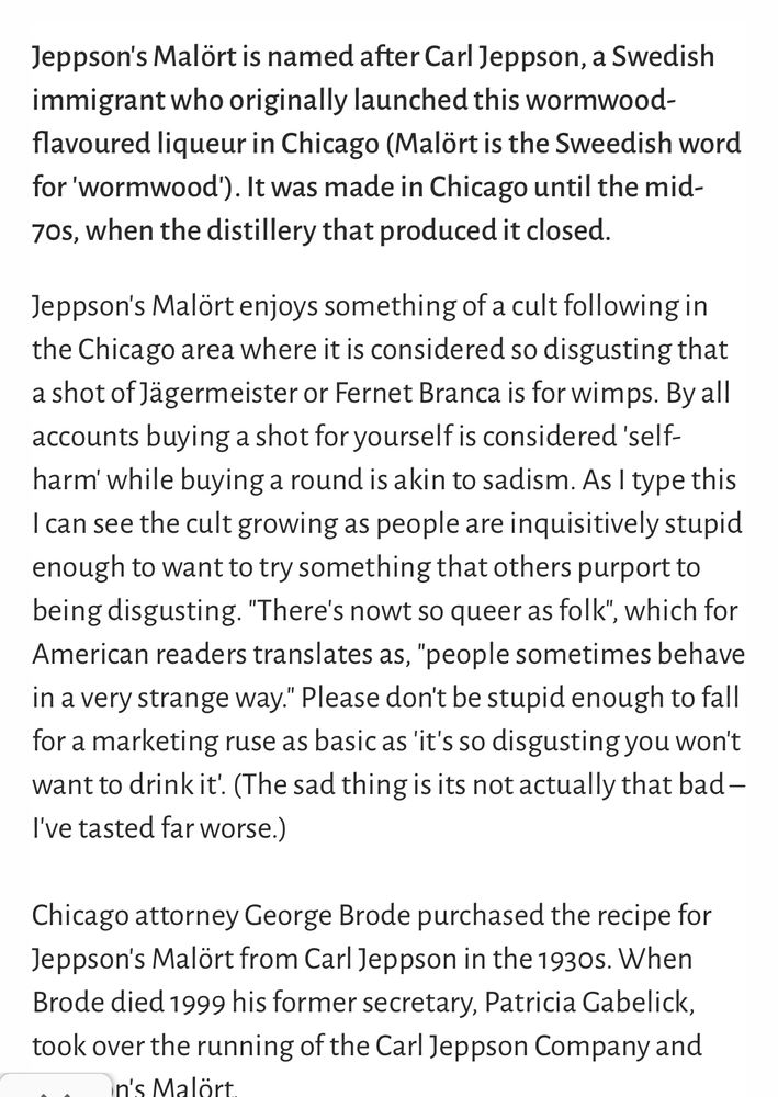 Link to the tasting notes. Text is copyrighted https://www.diffordsguide.com/beer-wine-spirits/3155/jeppsons-malort