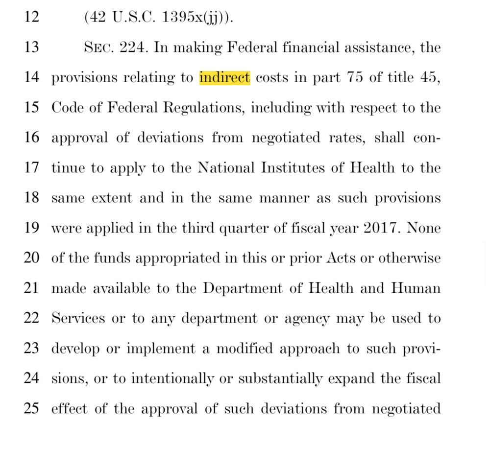 Screenshot of Senate Appripriations bill for NIH stating that 2017 indirect cost language is still in force 