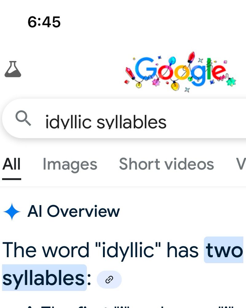 Google search of “idyllic syllable” returns AI-generated answer of two. Source: Google