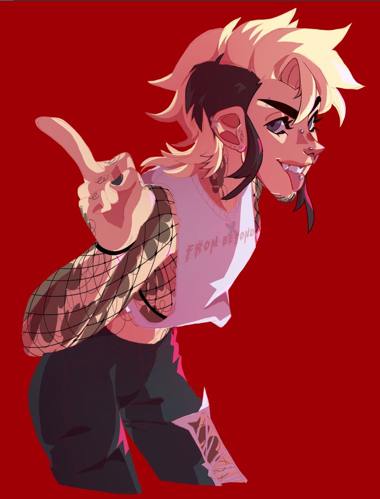 a wip of my oc, matty. he is awful!! i hate him!! he has a lot of piercings and a choppy mullet mohawk that is black and white. he is sticking his tongue out at the camera while he flips you off! he's the worst! he is wearing ripped jeans and a shirt that reads: From Beyond 