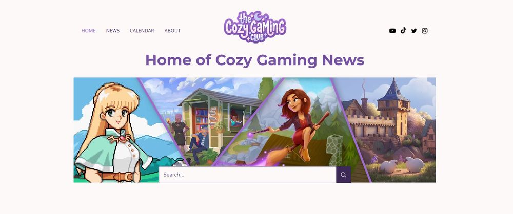 Screenshot of The Cozy Gaming Club website home page. A header image comprising of four games is the focus of the screenshot. One game shows a woman with long blonde hair standing in a field, the second shows a green cart that has been turned into a bookshop, the third shows a woman with brown hair riding on a broom and the fourth shows a picturesque castle with two sheep outside it. 