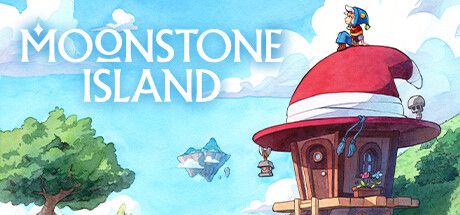 Artwork for Moonstone Island showing a figure sitting on top of a house with a red witch hat for the roof. In the distance is a floating island. 