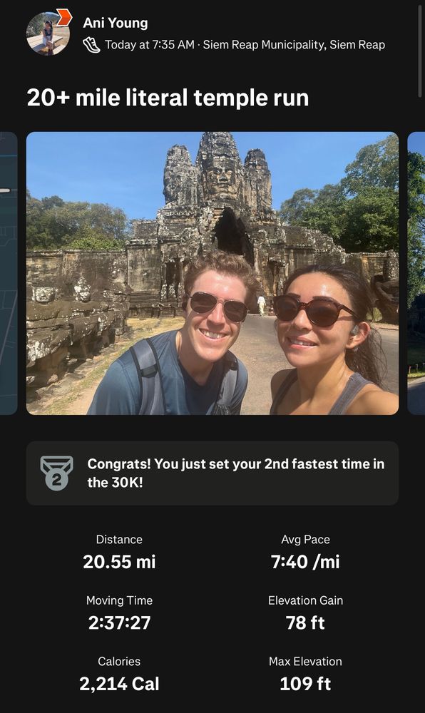 Screenshot of a 20 mile Strava run through Angkor Wat