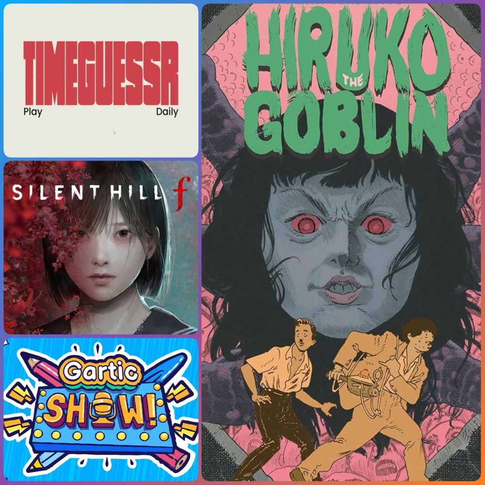 affiche de mon stream en mode patchwork. Image de Timeguessr avec titre du jeu en rouge sur fond blanc. Jaquette du jeu Silent Hill F avec l'héroine qui casse le 4e mur en ous regardant. Gartic show : logo du jeu avec des stylos et crayons entrecroisés dans le fond. Affiche du film Hiruko the Goblin : une tête géante aux pattes d'araignées rigole sardoniquement devant les deux protagonistes au premier plan.